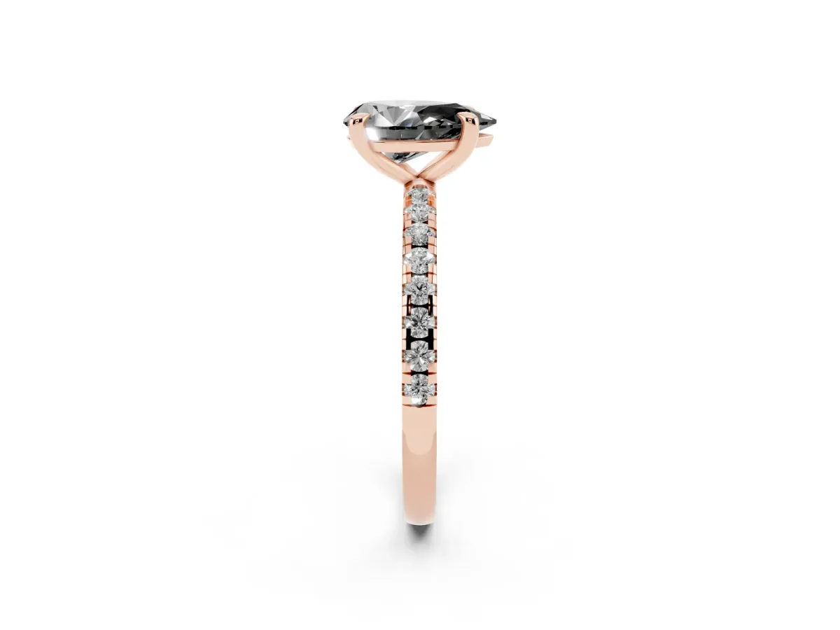 Fancy Black Pear Cut Diamond Brilliant Solitaire Ring with Pavé Band and Four-Prong Setting Rose gold