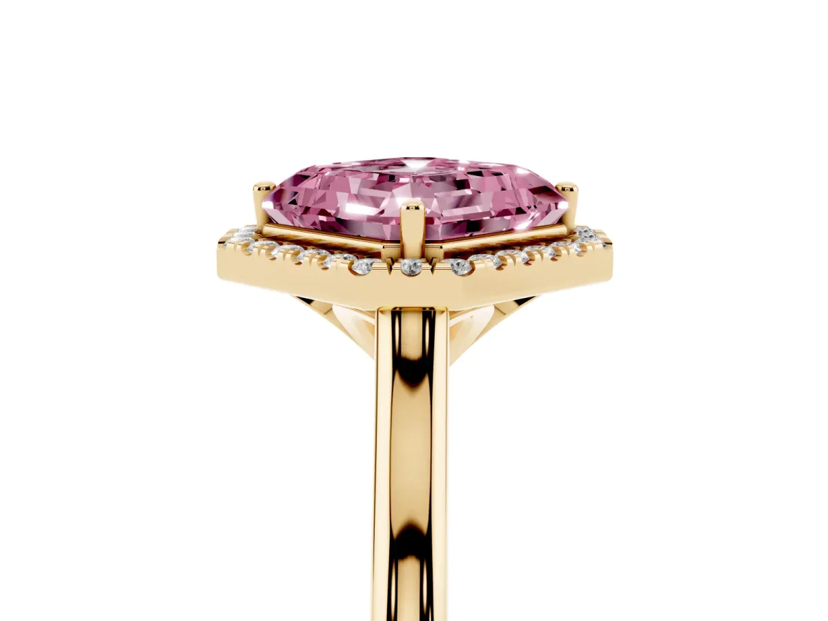Fancy Pink Asscher Cut Halo Round Diamond Solitaire Engagement Ring with Pave Band and Four-Prong Setting Yellow gold