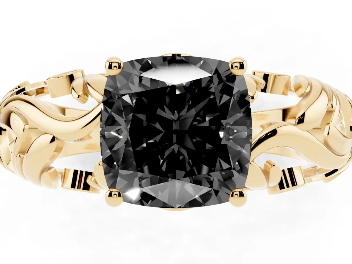 Fancy Black Cushion Cut Solitaire Diamond Leaf-Inspired Vine Band Ring with Prong Setting Yellow gold