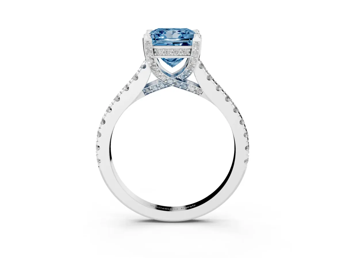 Fancy Blue Princess Cut Brilliant Diamond Solitaire with Pavé Band and Four-Prong Setting White gold