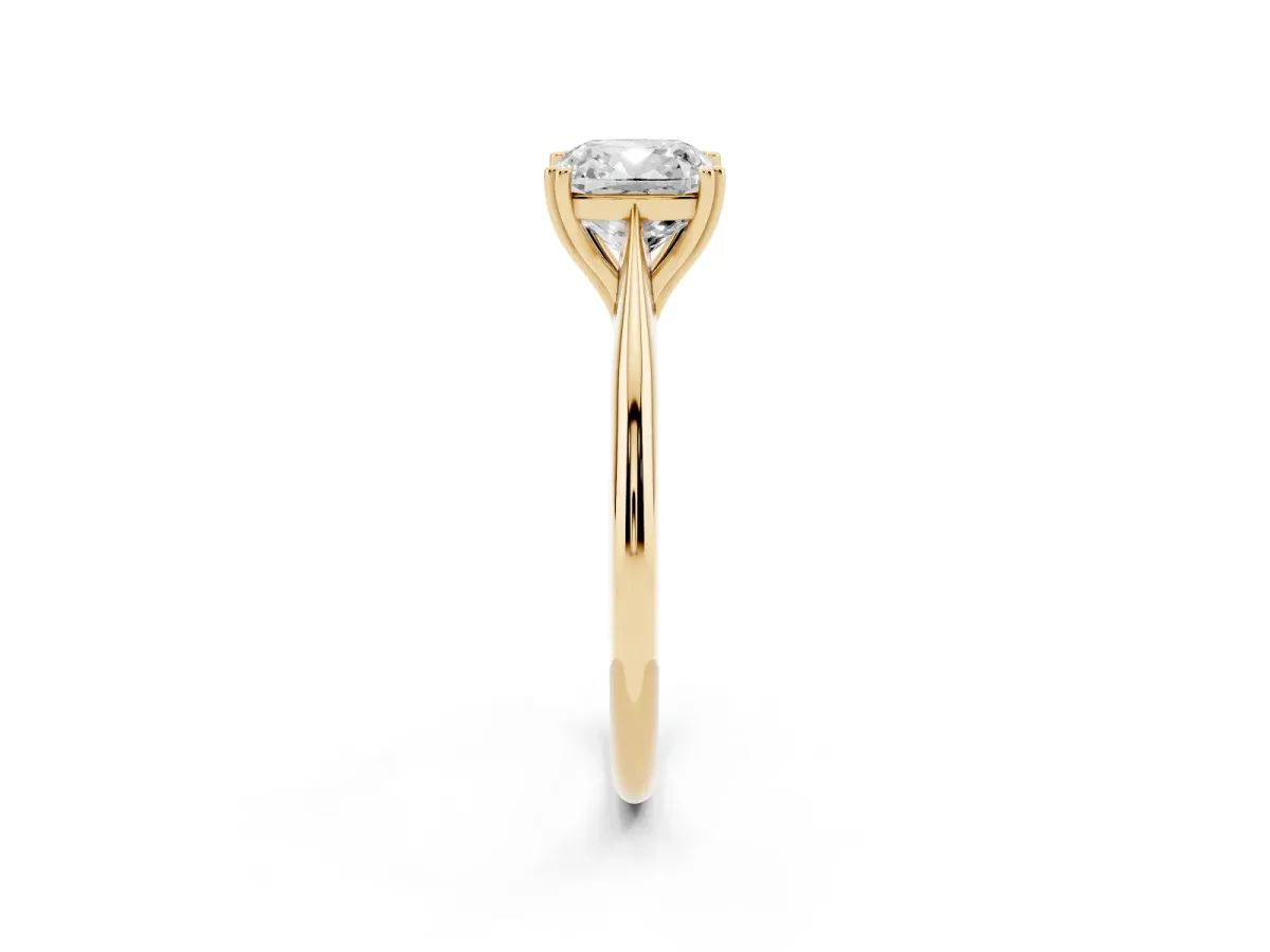 Cushion Cut Solitaire Diamond Ring with Six-Prong Setting and Classic Band Yellow gold