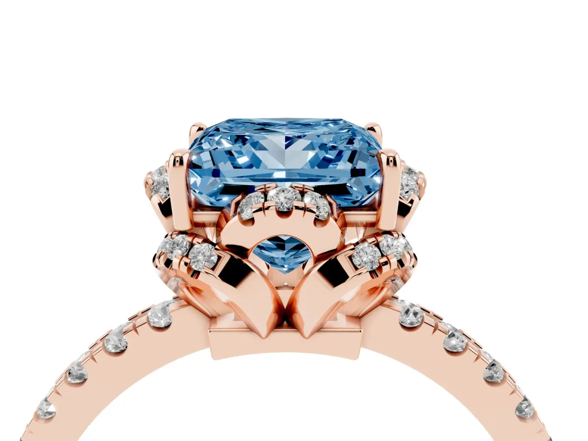 Fancy Blue Princess Cut Halo Diamond Pave Band Ring with Four-Prong Setting Rose gold
