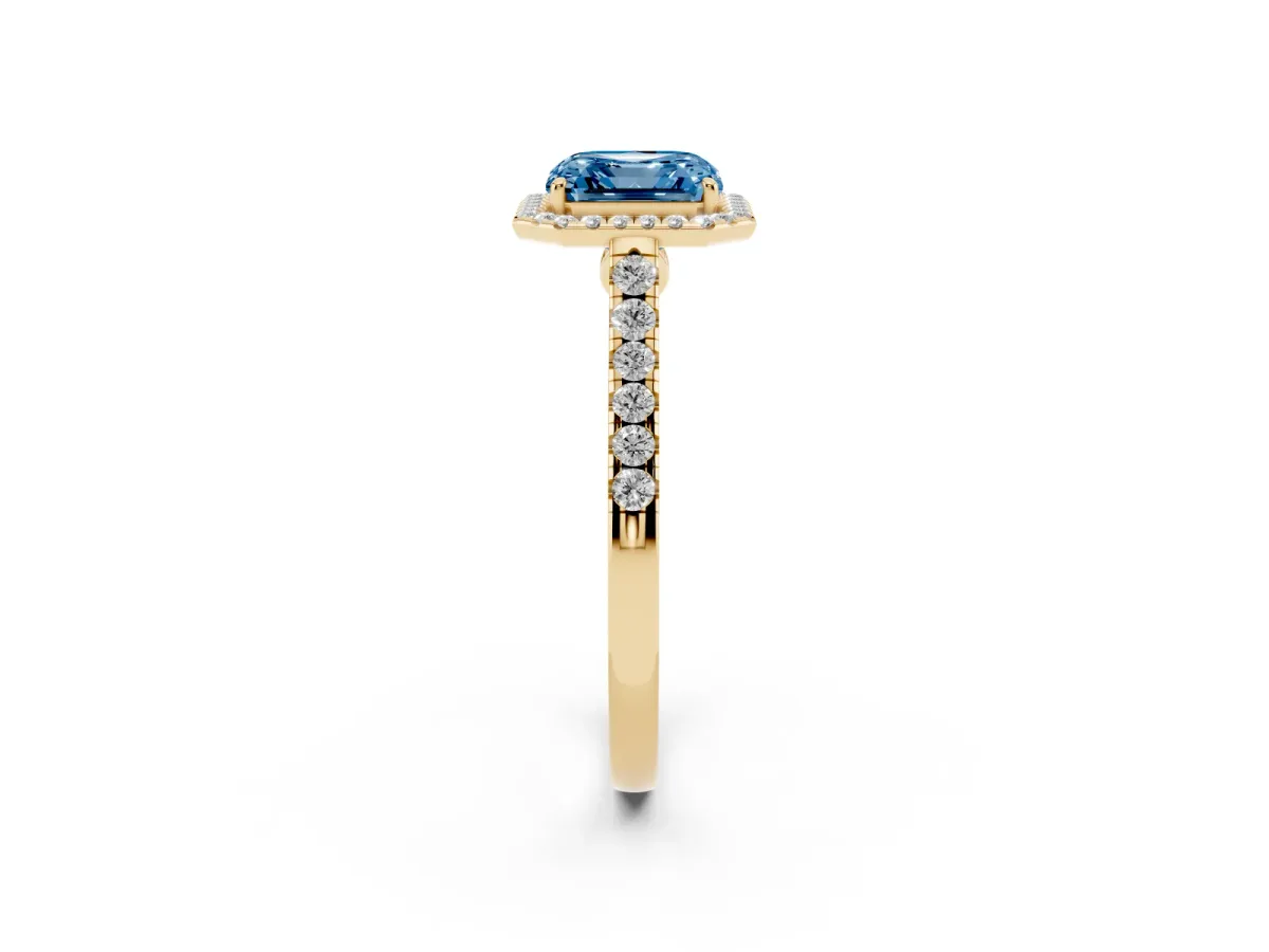 Fancy Blue Asscher Cut Halo Pave Diamond Engagement Ring with Four-Prong Setting Yellow gold