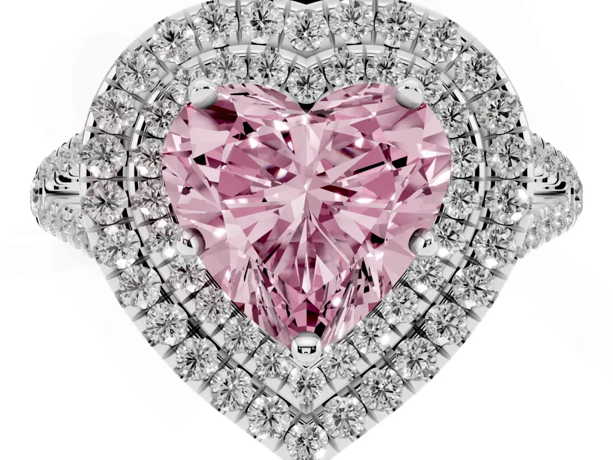 Fancy Pink Heart Cut Diamond Double Halo Ring with Pavé Band and Prong Setting Silver