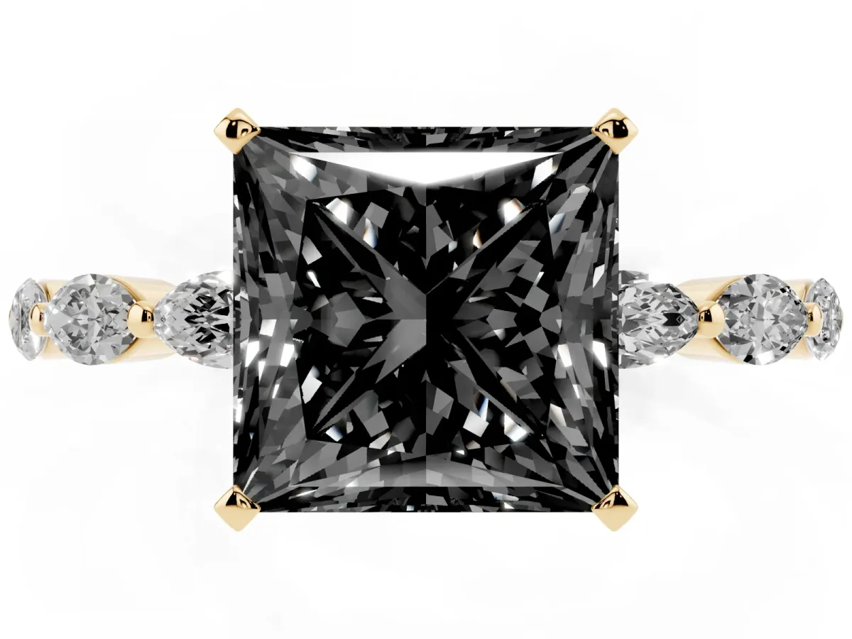 Fancy Black Princess Cut Diamond Ring with Marquise Side Stones and Prong Setting Yellow gold