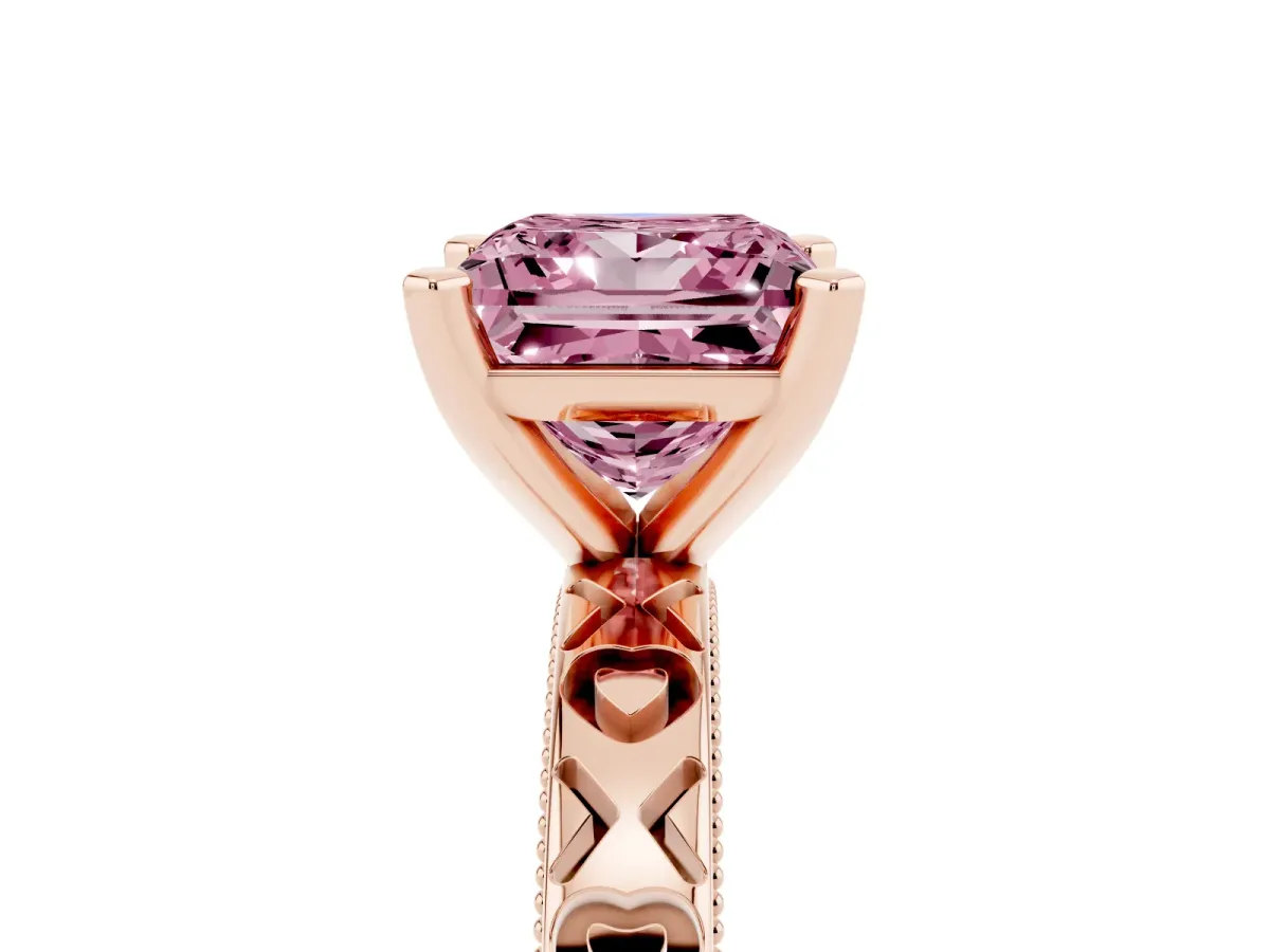 Fancy Pink Princess Cut Solitaire Diamond Engagement Ring with XO Engraved Band and Four-Prong Setting Rose gold