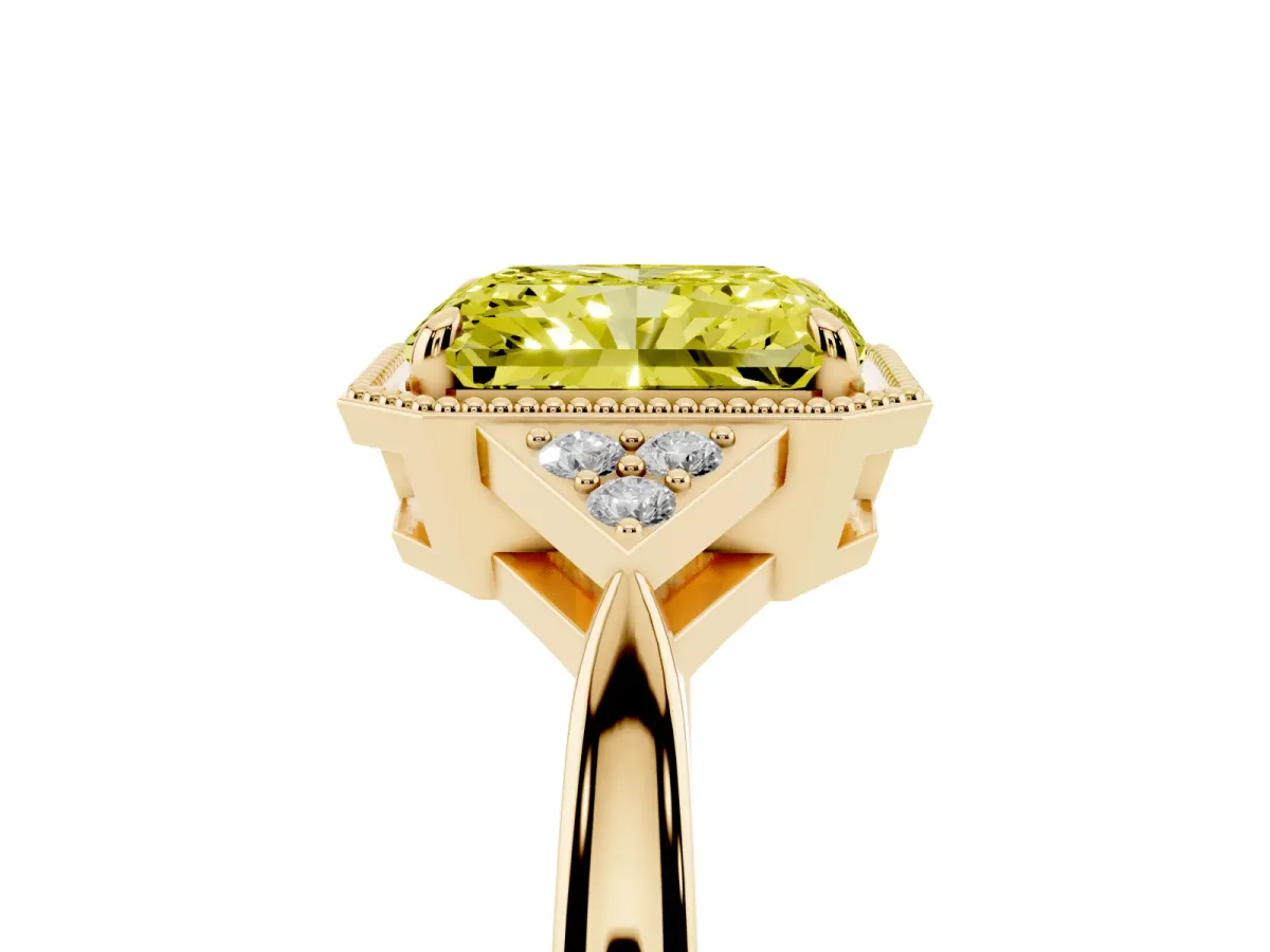 Fancy Yellow Hexagonal Halo Radiant Cut Diamond Solitaire with Pavé Band and Four-Prong Setting Yellow gold