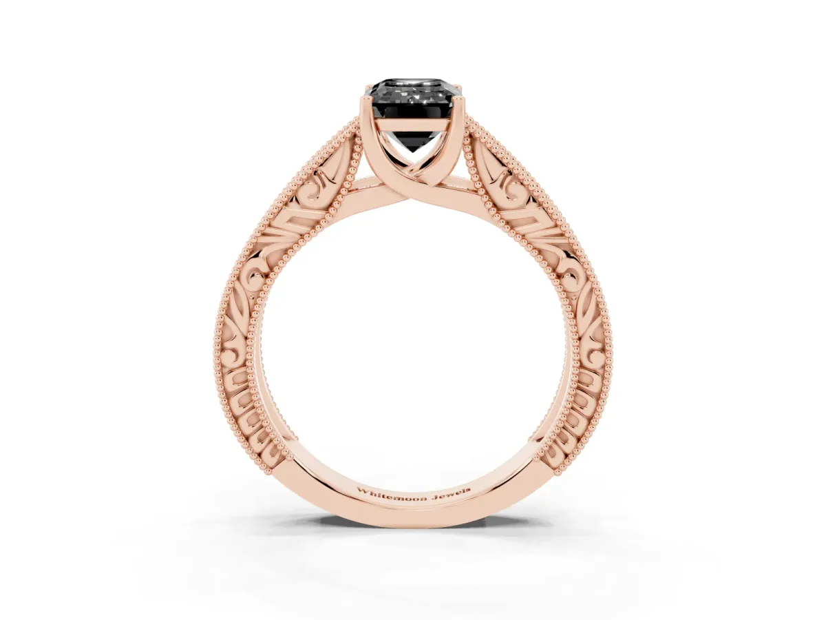 Fancy Black Emerald Cut Diamond Solitaire Ring with Engraved Band and Four-Prong Setting Rose gold
