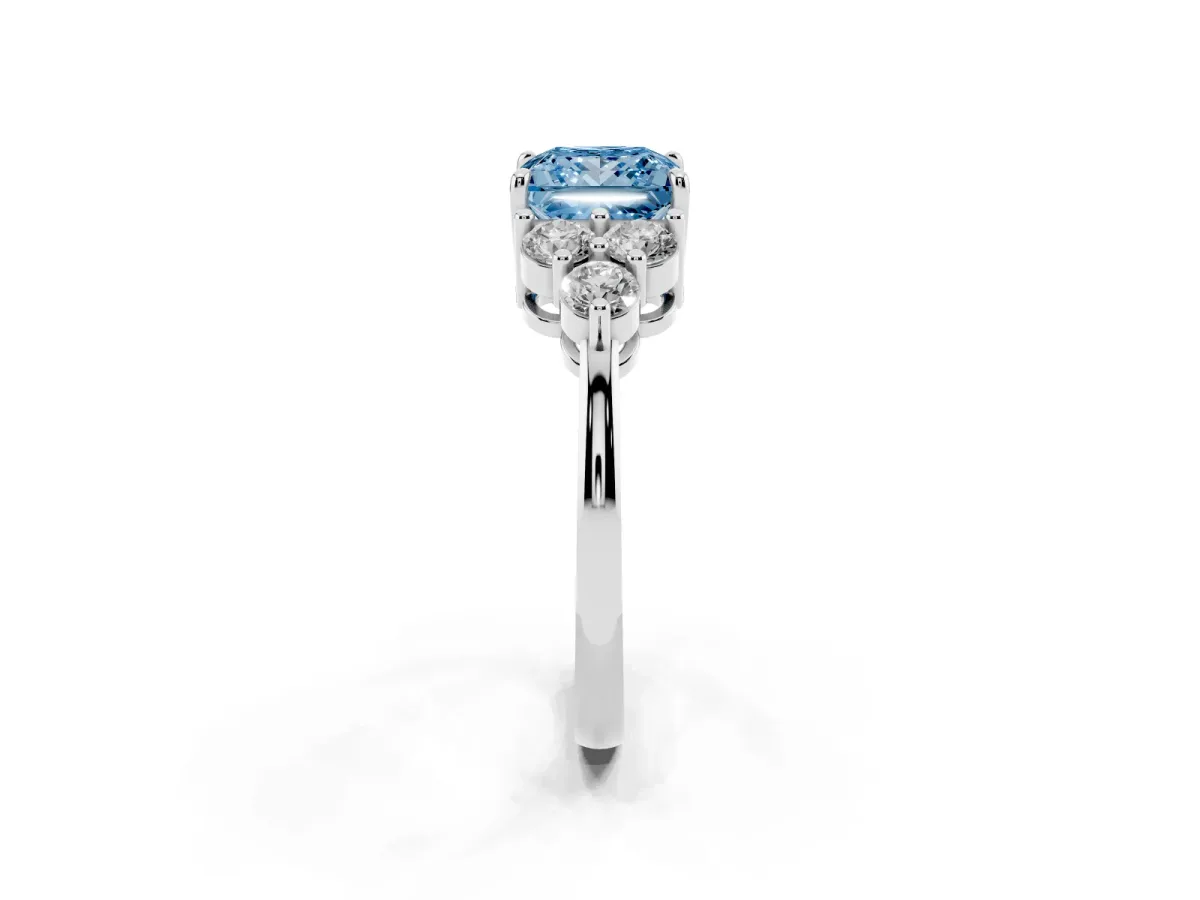 Fancy Blue Princess Cut Brilliant Diamond Cluster Accent Solitaire Ring with Prong Setting Platinum