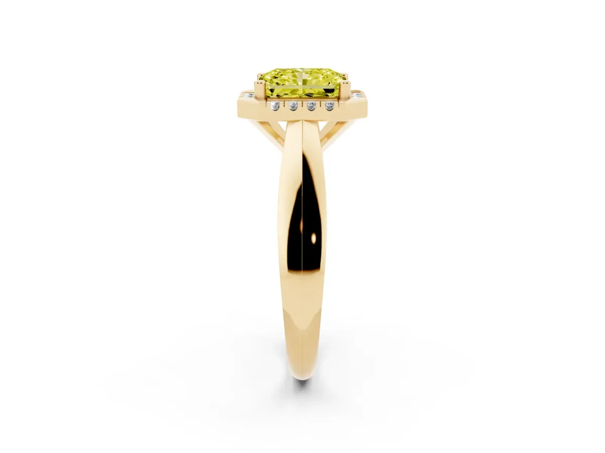 Fancy Yellow Radiant Cut Cut Halo Solitaire Engagement Ring with Square Band and Four-Prong Setting Yellow gold