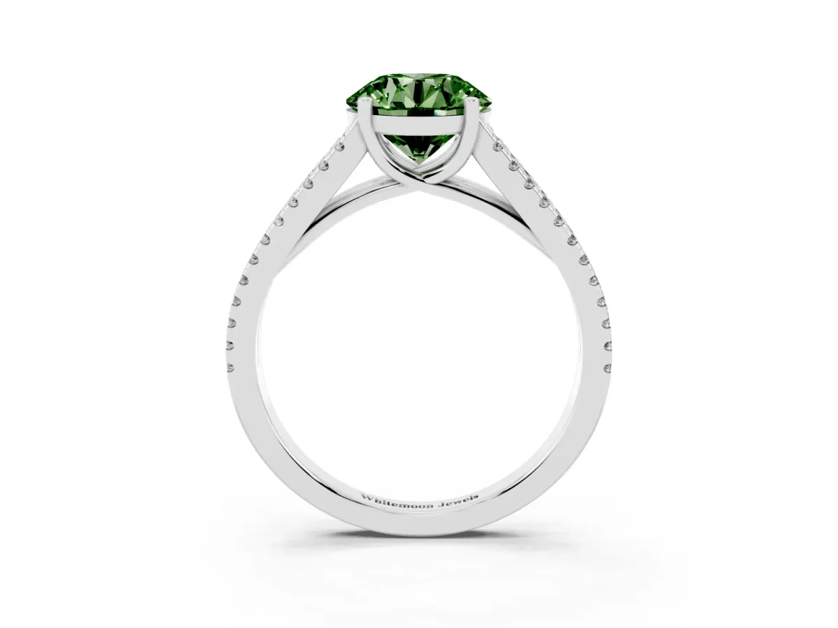 Fancy Green Round Cut Diamond Solitaire Engagement Ring with Split Shank Pavé Band Platinum