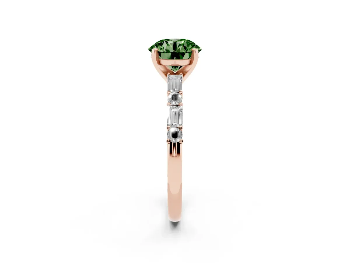 Fancy Green Round Cut Diamond Solitaire with Side Baguettes and Channel Set Band Rose gold