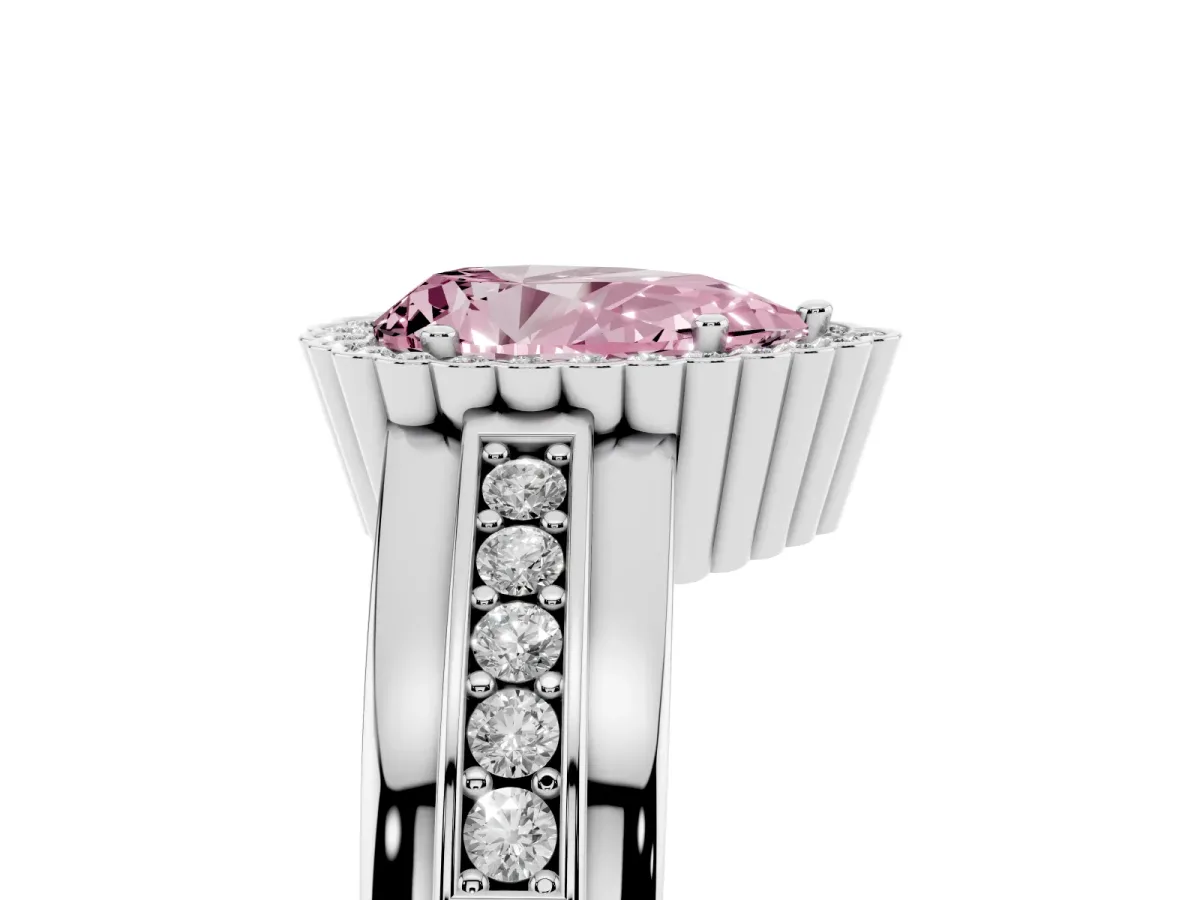 Fancy Pink Pear Cut Cut Halo Pave Band Four-Prong Ring Silver