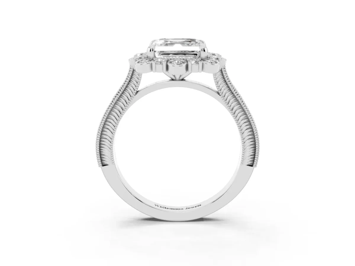 Asscher Cut Halo Milgrain Pave Diamond Ring with Four-Prong Setting Silver