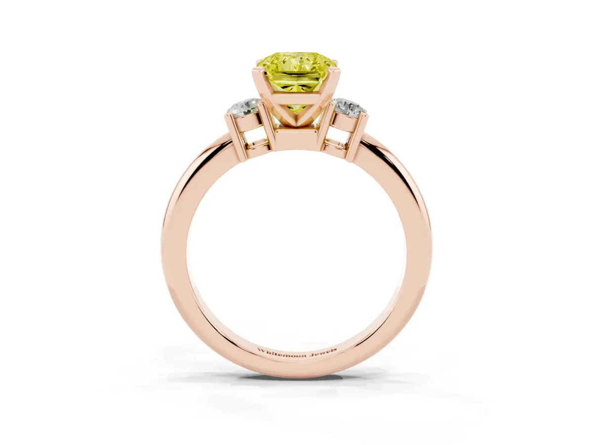 Fancy Yellow Three-Stone Radiant Cut Cut Diamond Solitaire with Prong Setting and Classic Band Rose gold