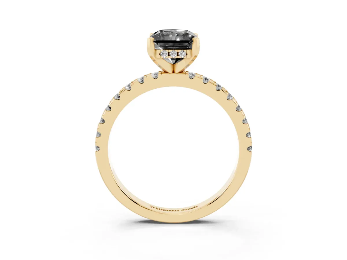 Fancy Black Radiant Cut Diamond Solitaire Ring with Round Pavé Band and Four-Prong Setting Yellow gold
