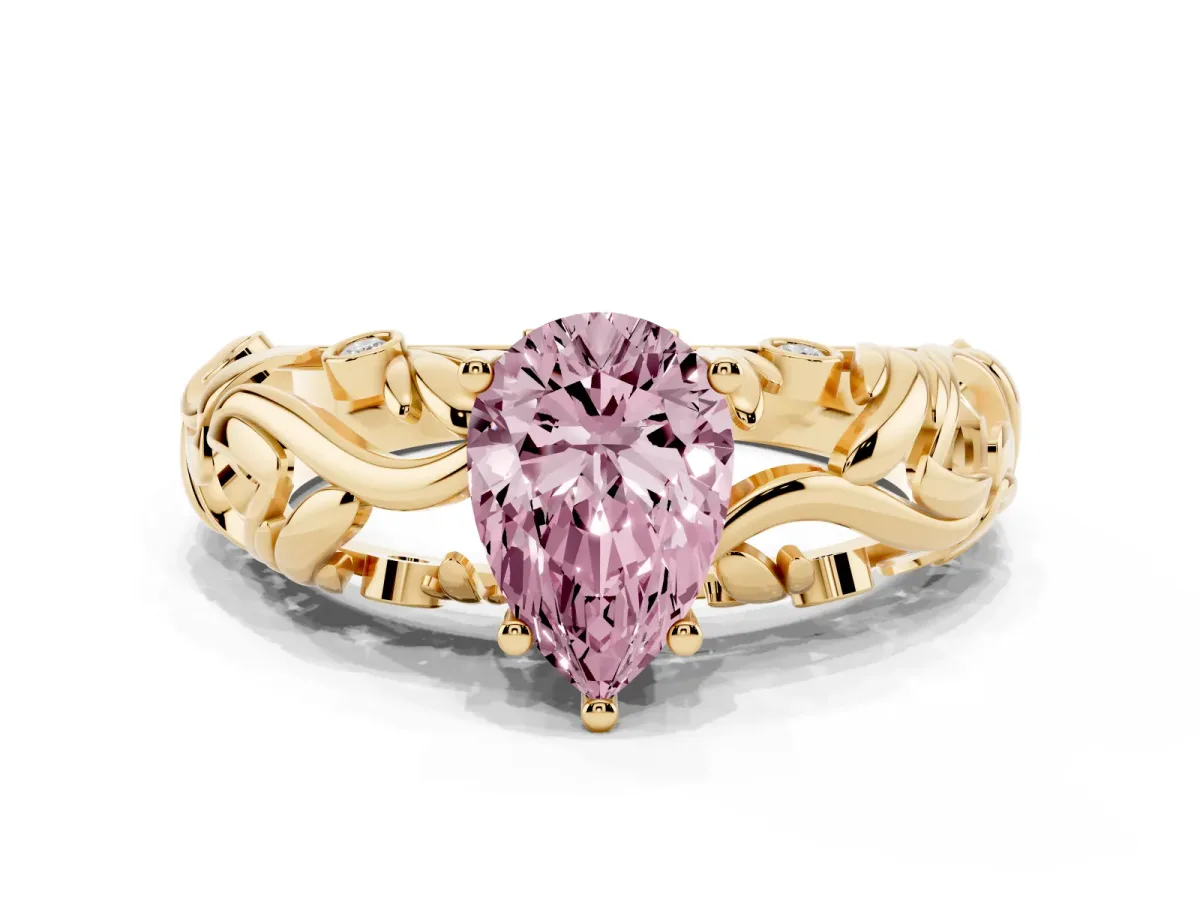 Fancy Pink Pear Cut Solitaire Diamond Leaf-Inspired Vine Band Ring with Prong Setting Yellow gold