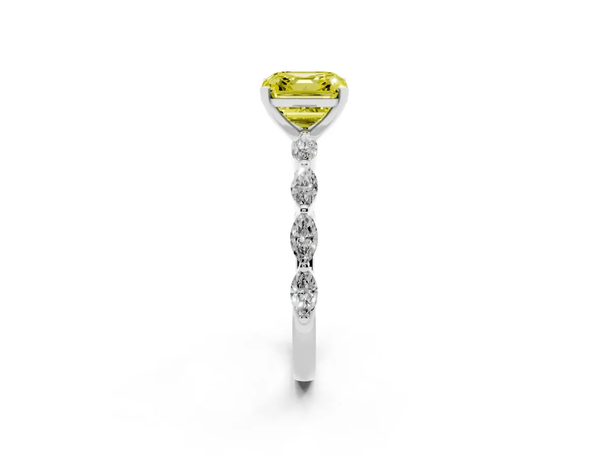 Fancy Yellow Asscher Cut Diamond Ring with Marquise Side Stones and Prong Setting Platinum