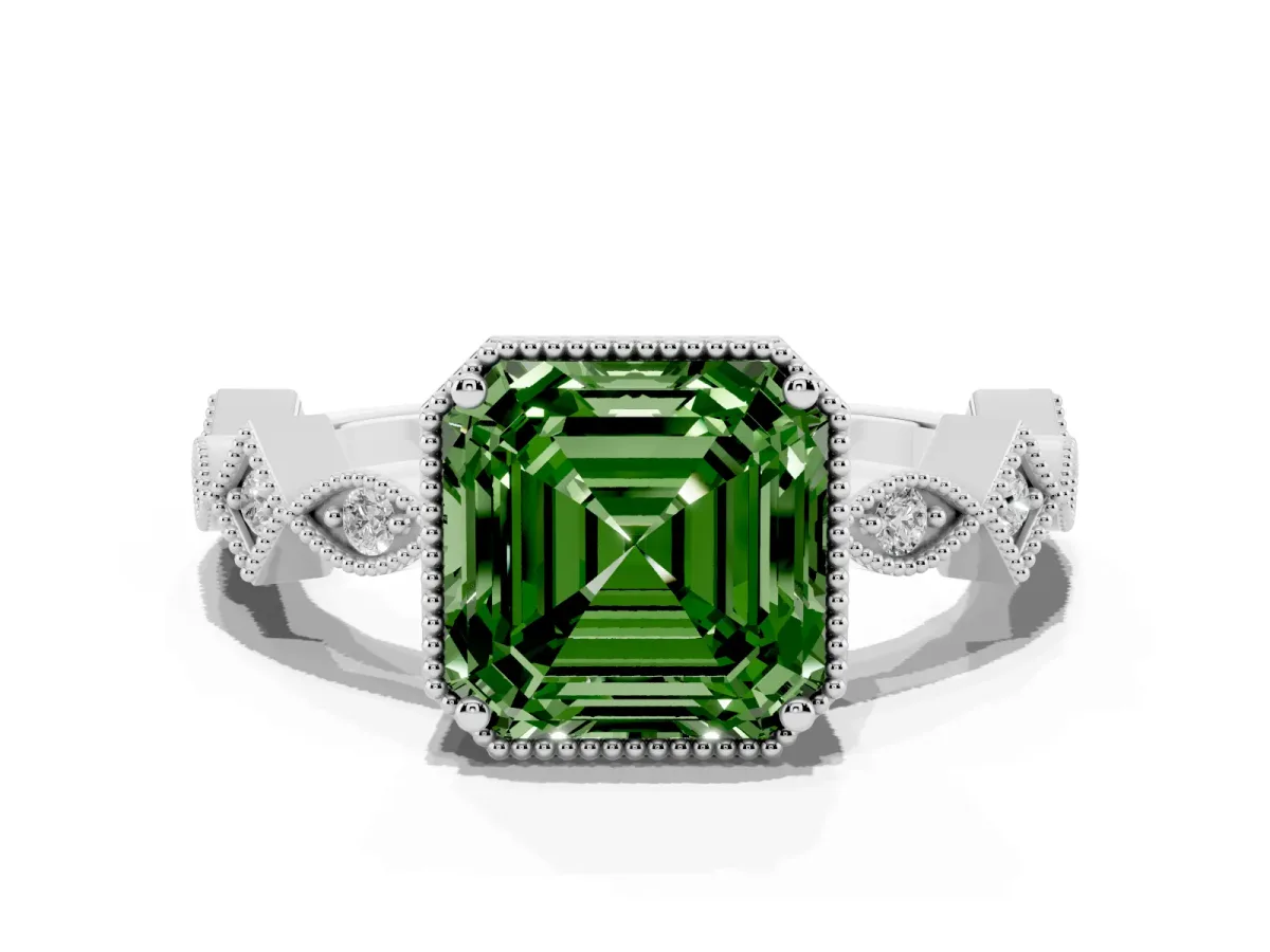 Fancy Green Asscher Cut Milgrain Marquise Diamond Twist Band Ring Silver