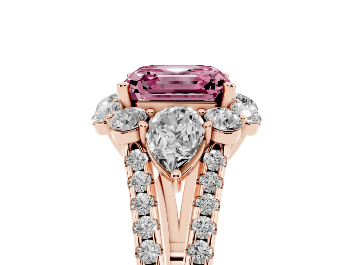 Fancy Pink Asscher Cut Halo Split Shank Diamond Engagement Ring with Prong Setting Rose gold