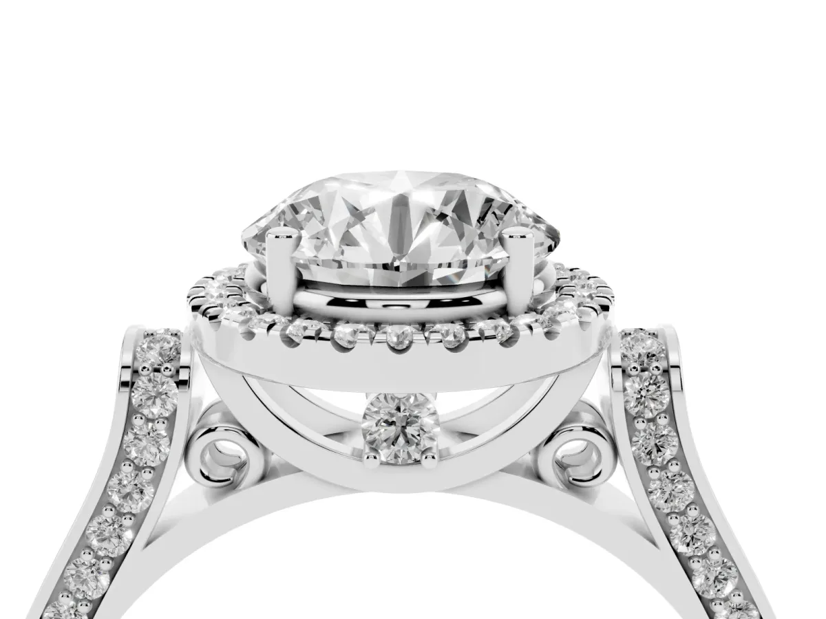 Round Cut Halo Pave Split Shank Prong Setting Ring Silver