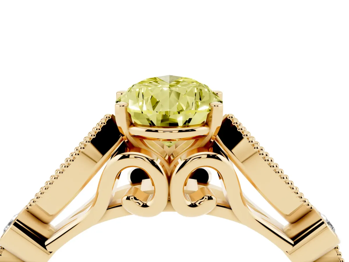 Fancy Yellow Pear Cut Cut Diamond with Milgrain Marquise and Bezel Accents on a Solitaire Band with Prong Setting Yellow gold