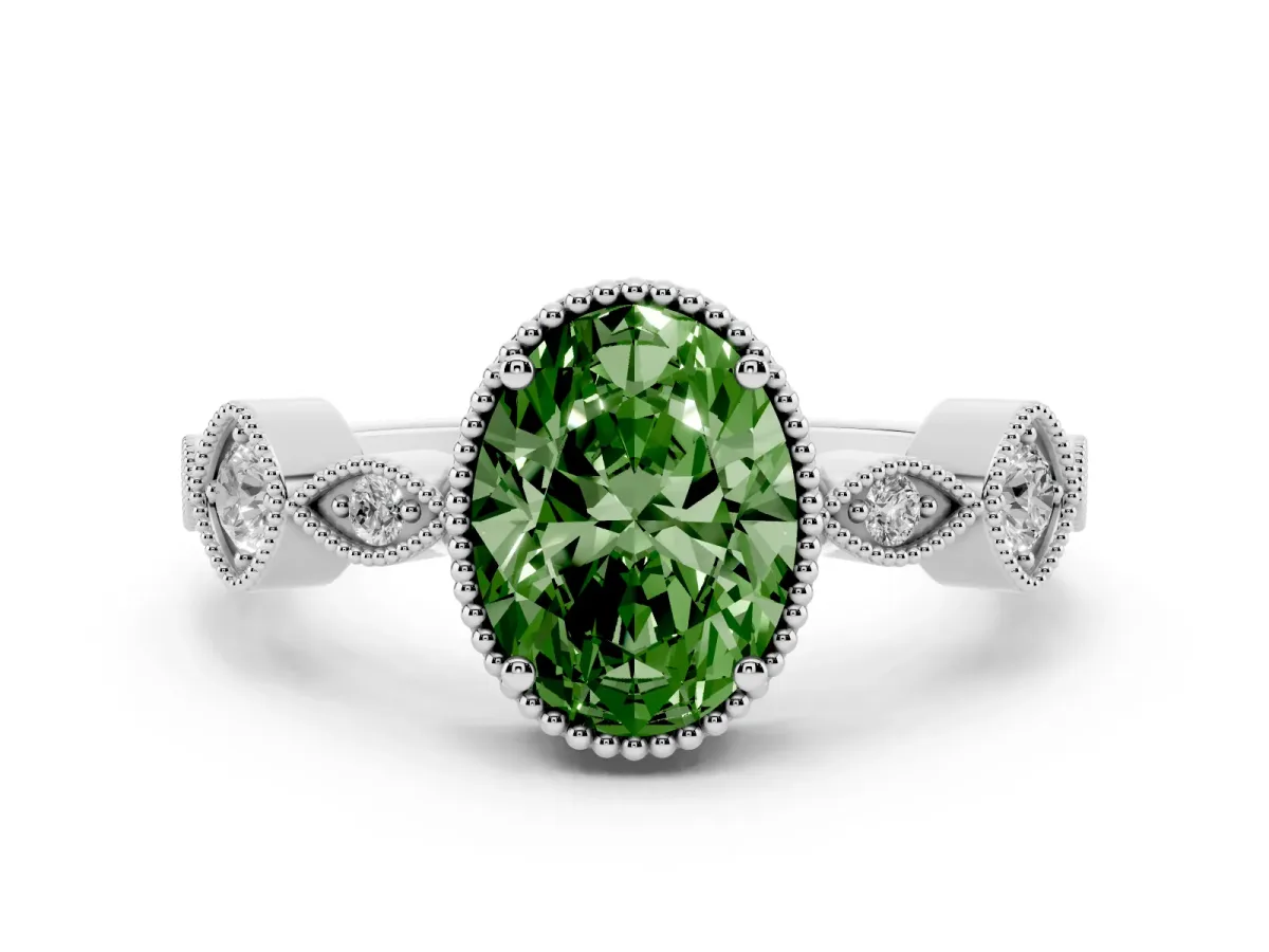 Fancy Green Oval Cut Diamond Vintage Milgrain Ring with Round Stations Platinum
