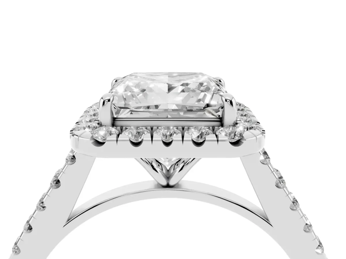 Princess Cut Halo Pave Diamond Engagement Ring with Four-Prong Setting Silver