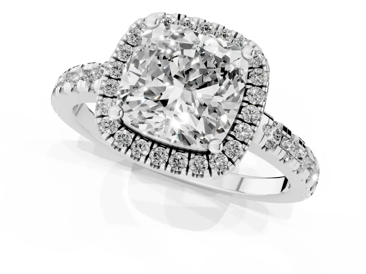 Cushion Cut Diamond Halo Ring with Pavé Band and Four-Prong Setting Platinum