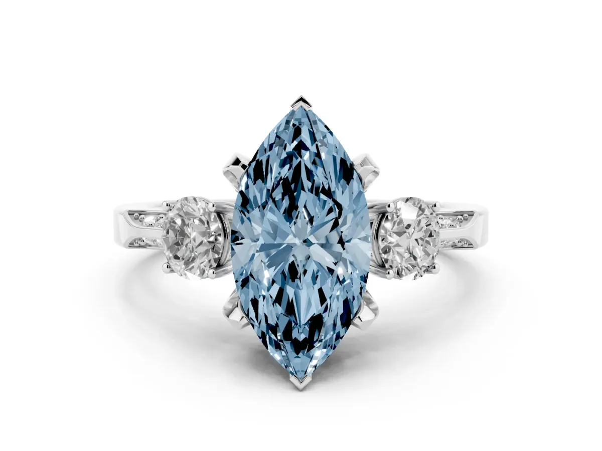 Fancy Blue Marquise Cut Brilliant Three-Stone Diamond Ring with Pavé Band and Four-Prong Setting Silver