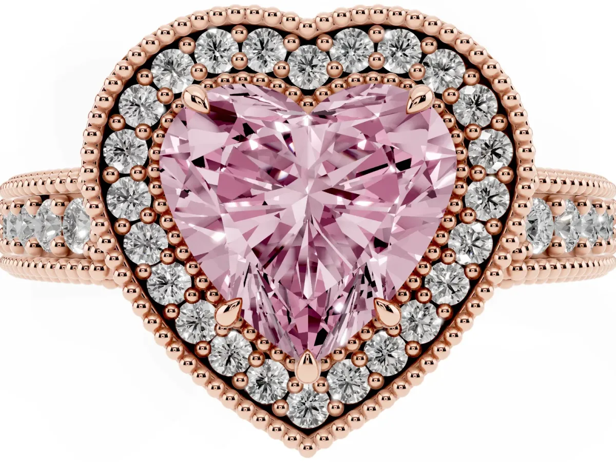Fancy Pink Heart Cut Cut Halo Diamond Ring with Pavé Band and Four-Prong Setting Rose gold