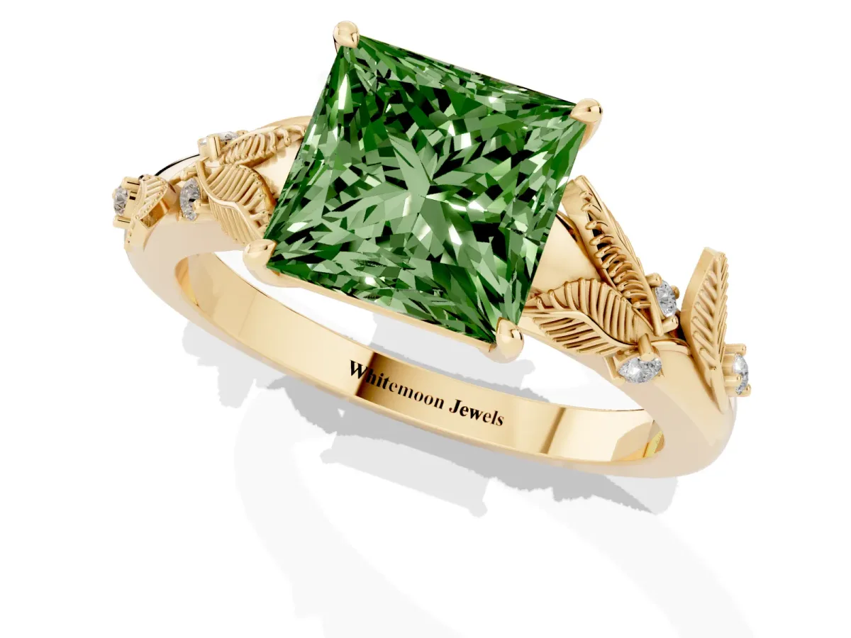 Fancy Green Princess Cut Diamond Solitaire Ring with Leaf Motif Band and Four-Prong Setting Yellow gold