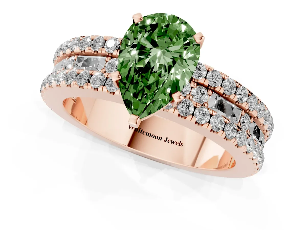 Fancy Green Pear Cut Diamond Solitaire Ring with Pavé and Channel Set Band Rose gold