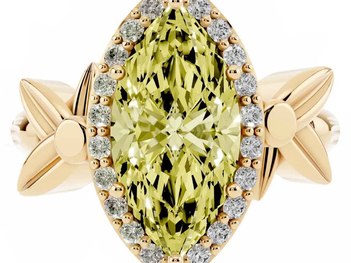 Fancy Yellow Marquise Cut Halo Diamond Floral Band with Four-Prong Setting Yellow gold