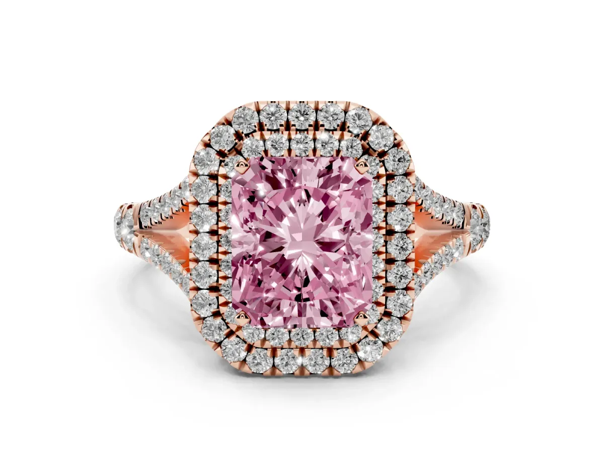 Fancy Pink Radiant Cut Diamond Pavé Split Shank Double Halo Engagement Ring Rose gold