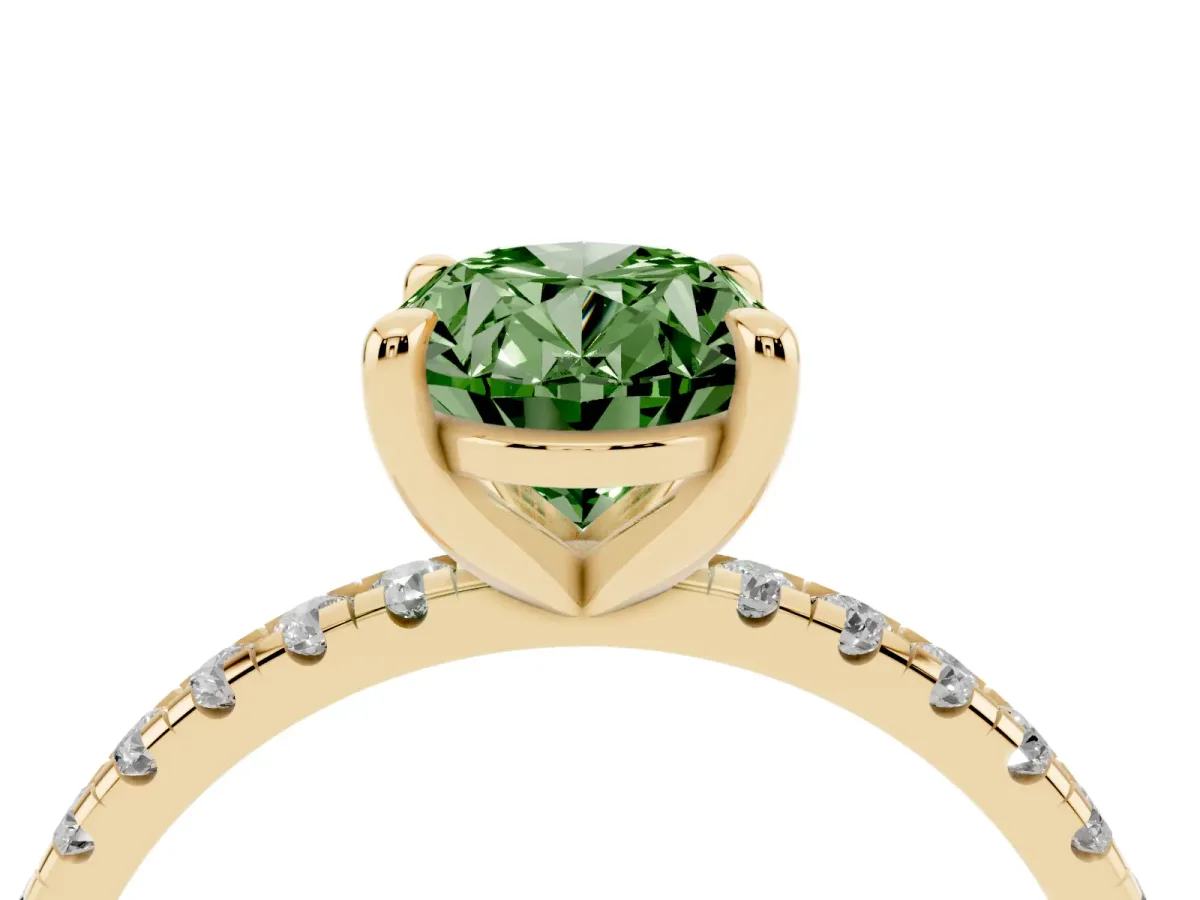 Fancy Green Oval Cut Diamond Brilliant Solitaire Ring with Pavé Band and Four-Prong Setting Yellow gold