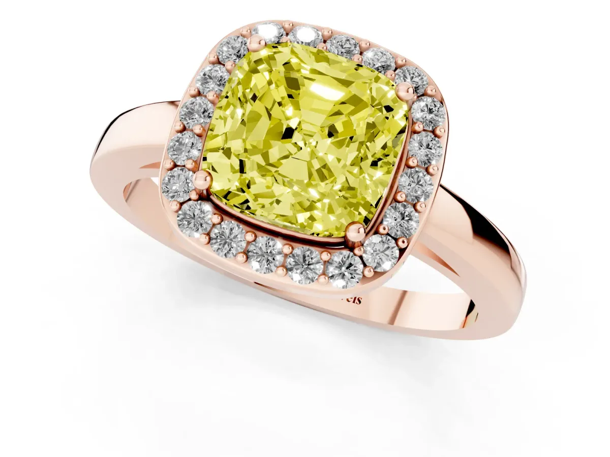 Fancy Yellow Cushion Cut Halo Diamond Ring with Solitaire Band and Prong Setting Rose gold