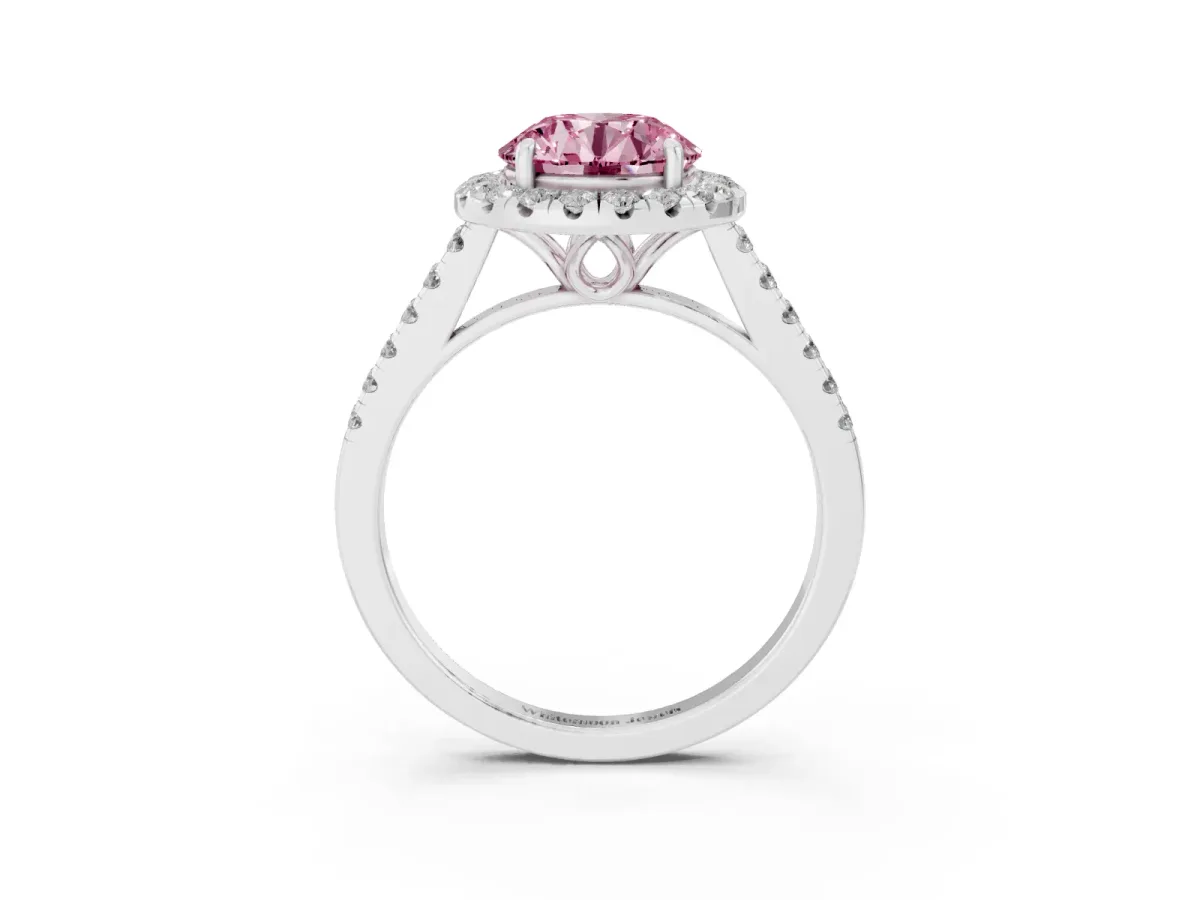Fancy Pink Round Cut Halo Pavé Diamond Engagement Ring with Four-Prong Setting Silver