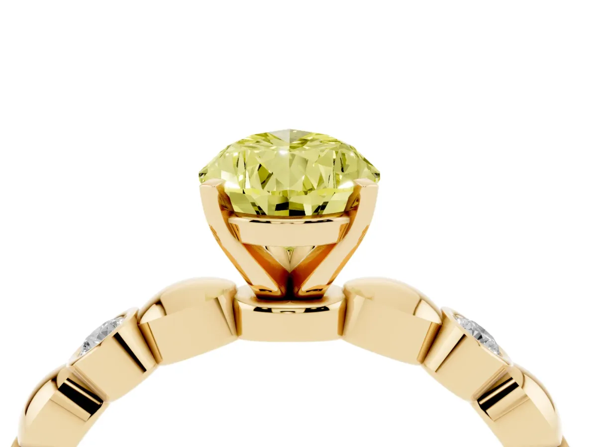 Fancy Yellow Pear Cut Solitaire Bezel-Set Diamond Ring with Beaded Band and Four-Prong Setting Yellow gold