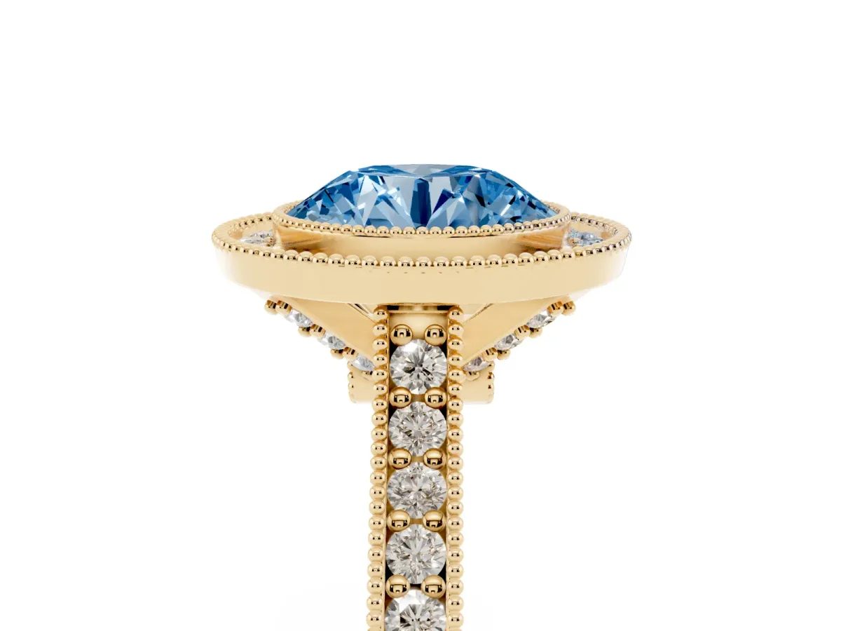 Fancy Blue Halo Round Cut-Cut Diamond Pave Band Milgrain Prong Setting Ring Yellow gold
