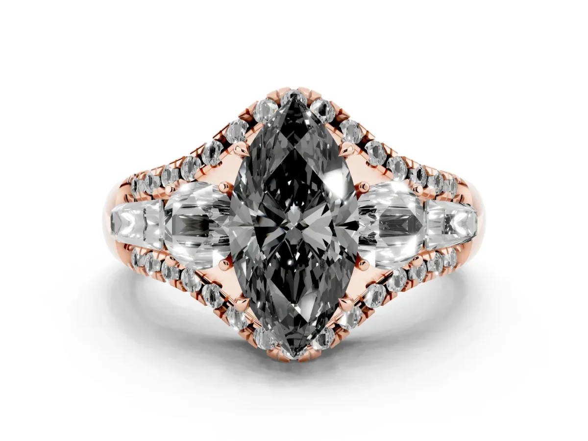 Fancy Black Three-Stone Marquise Cut Diamond Engagement Ring with Pave Band and Prong Setting Rose gold