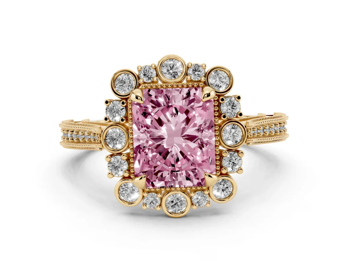 Fancy Pink Radiant Cut Halo Milgrain Pave Diamond Ring with Four-Prong Setting Yellow gold