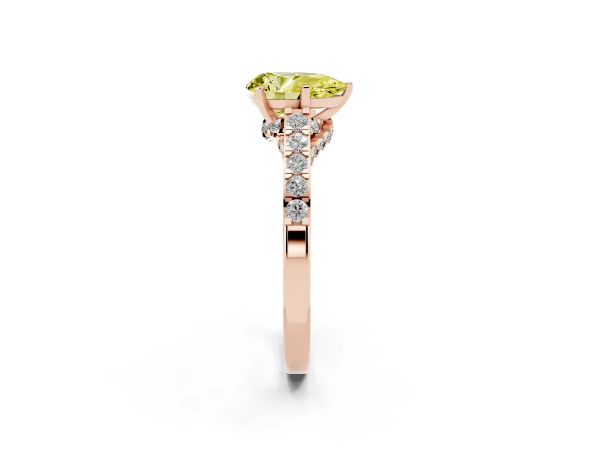 Fancy Yellow Pear Cut Diamond Solitaire Ring with Crossover Gallery and Round Pavé Band Rose gold