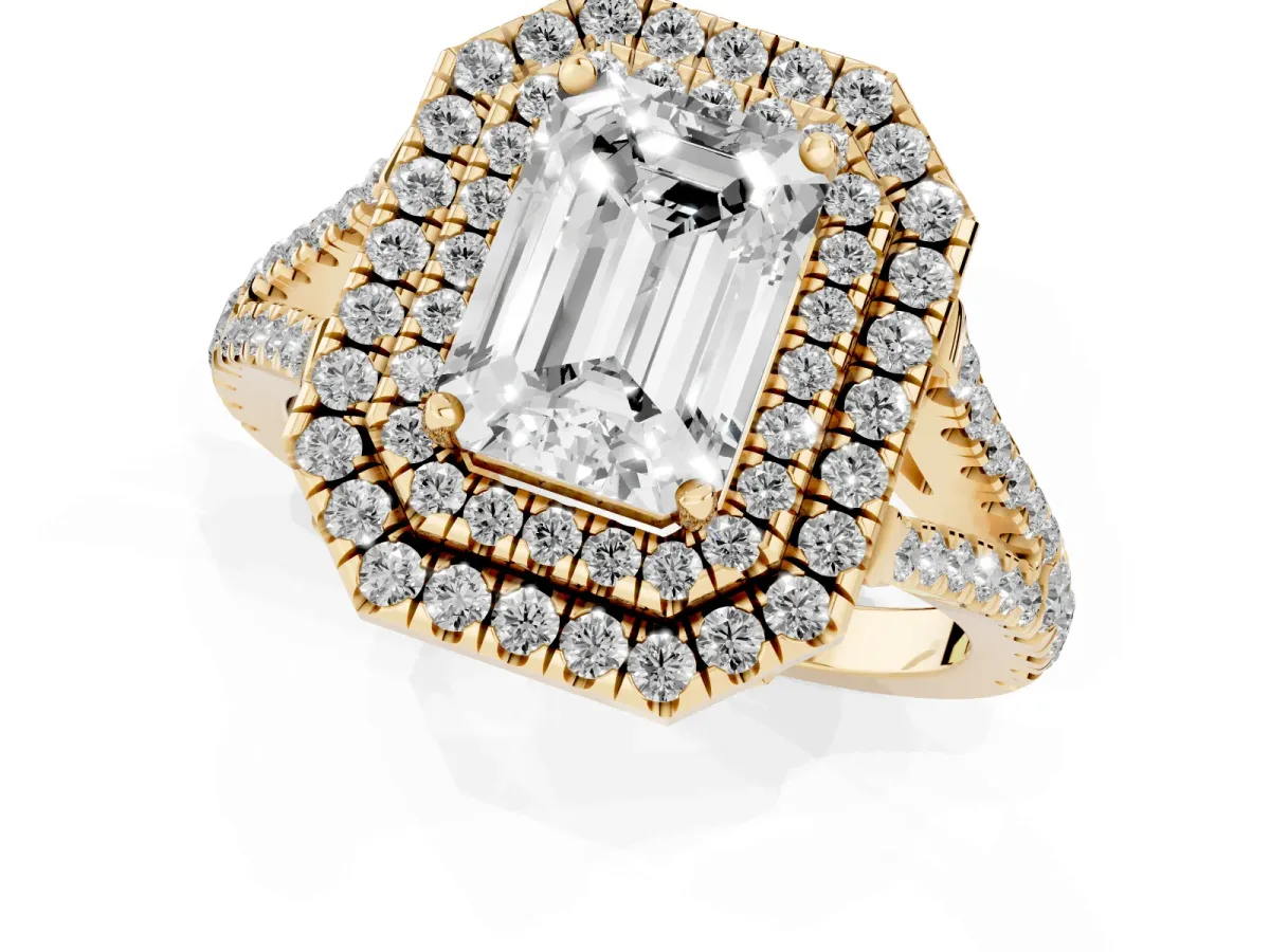 Emerald Cut Diamond Double Halo Ring with Pavé Band and Prong Setting Yellow gold