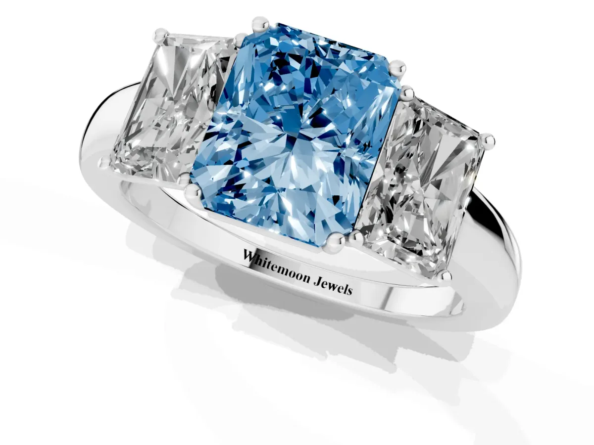 Fancy Blue Radiant Cut Diamond Three-Stone Ring with Four-Prong Setting and Classic Band Silver