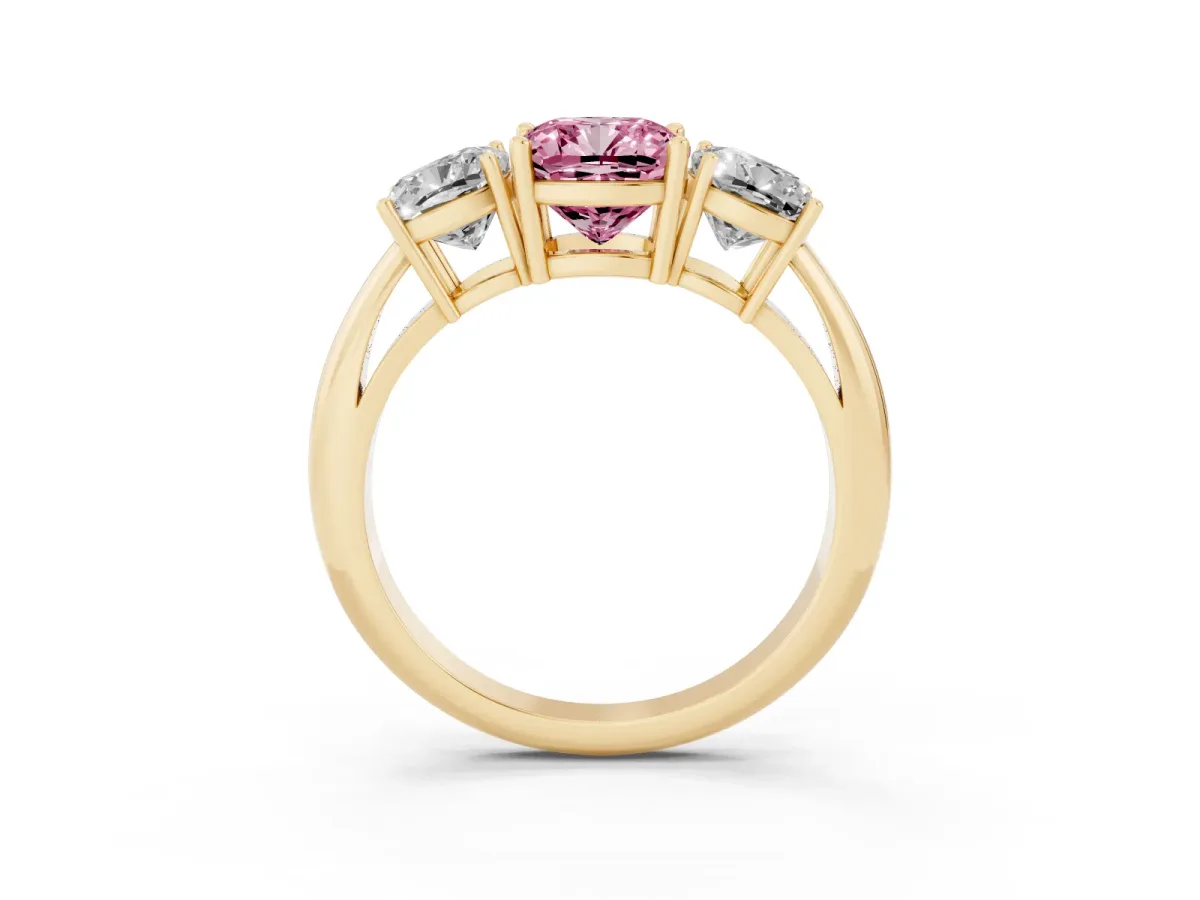 Fancy Pink Three-Stone Cushion Cut Cut Diamond Engagement Ring with Prong Setting on a White Gold Band Yellow gold