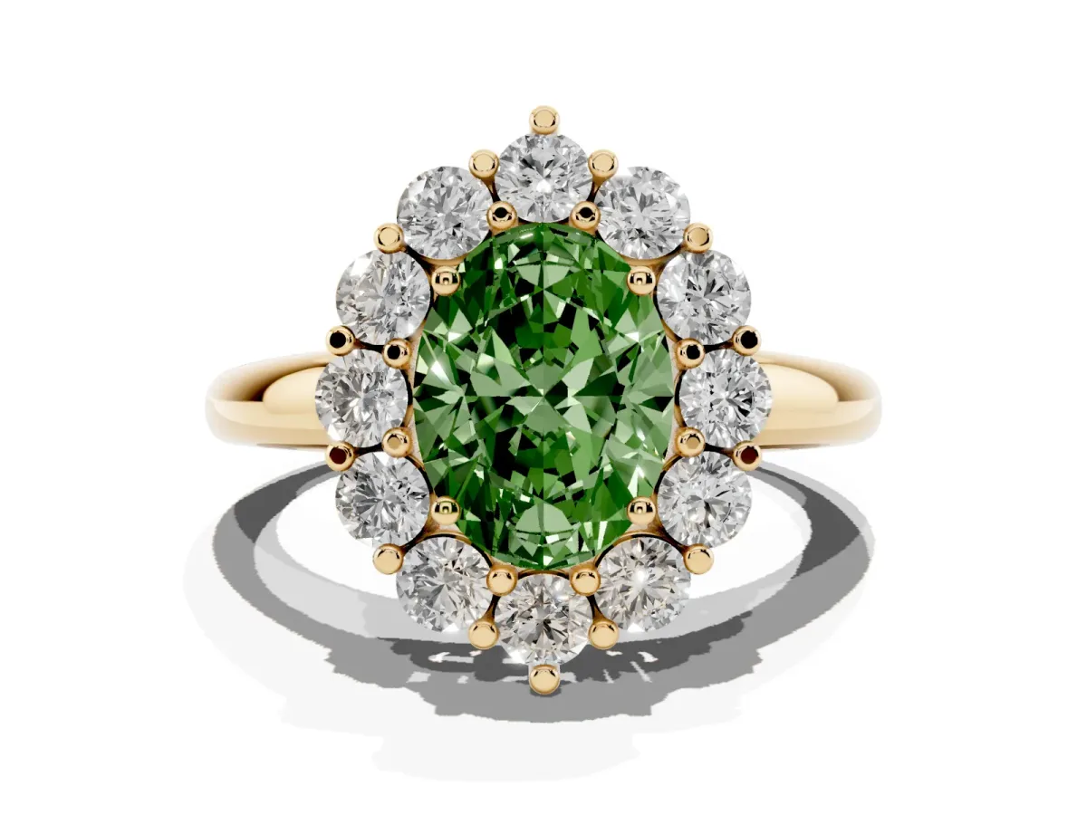 Fancy Green Oval Cut Halo Cluster Diamond Engagement Ring with Prong Setting and Polished Band Yellow gold
