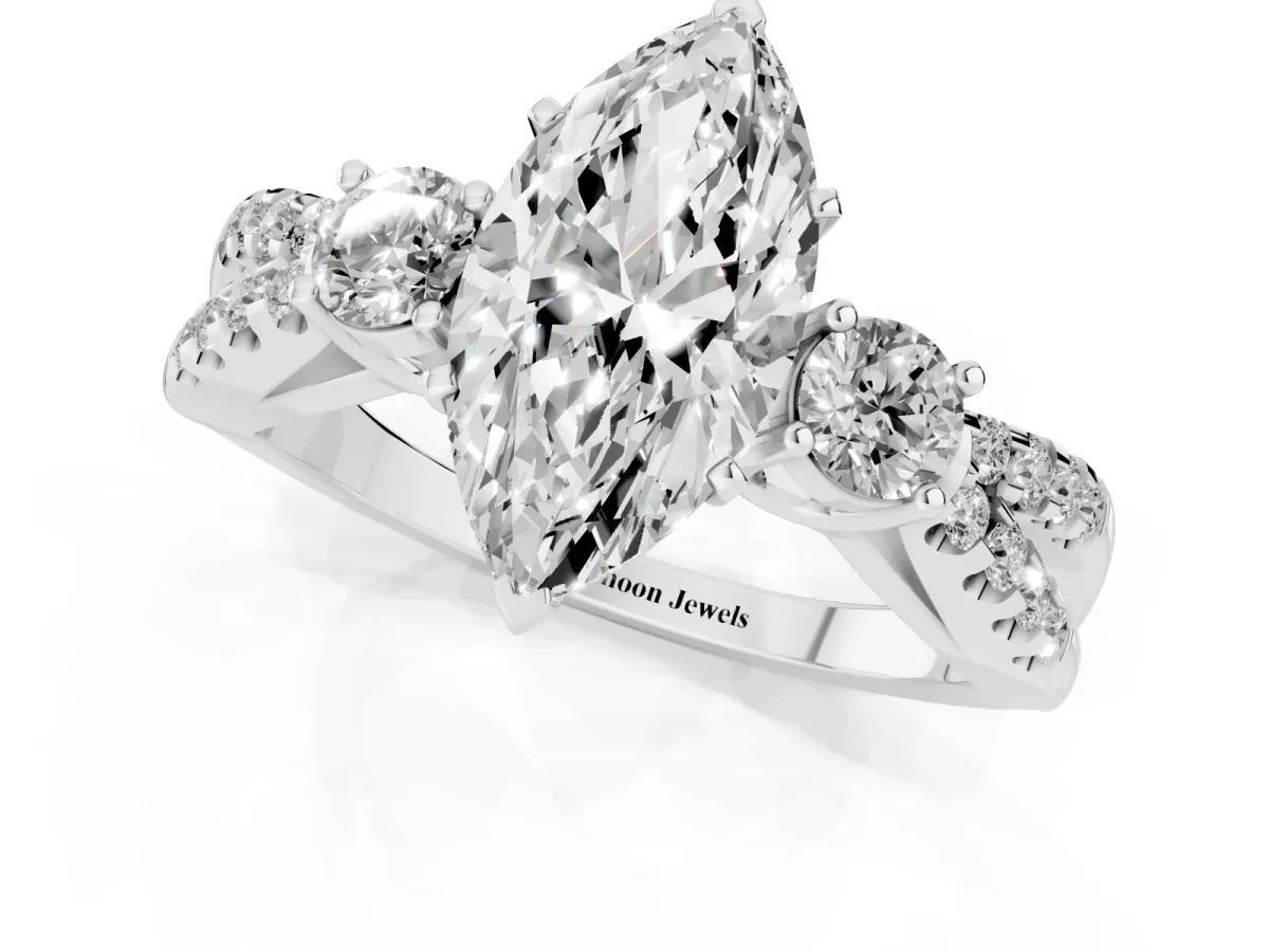 Marquise Cut Diamond Three-Stone Ring with Pavé Split Shank and Four-Prong Setting White gold