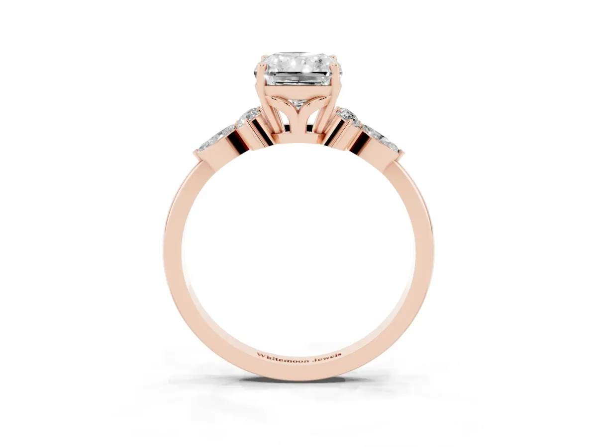 Radiant Cut Brilliant Diamond Solitaire Ring with Pear Side Stones and Four-Prong Setting Rose gold