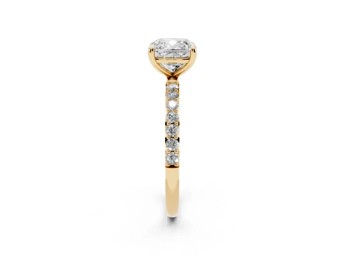 Cushion Cut Diamond Solitaire Ring with Round Pavé Band and Prong Setting Yellow gold